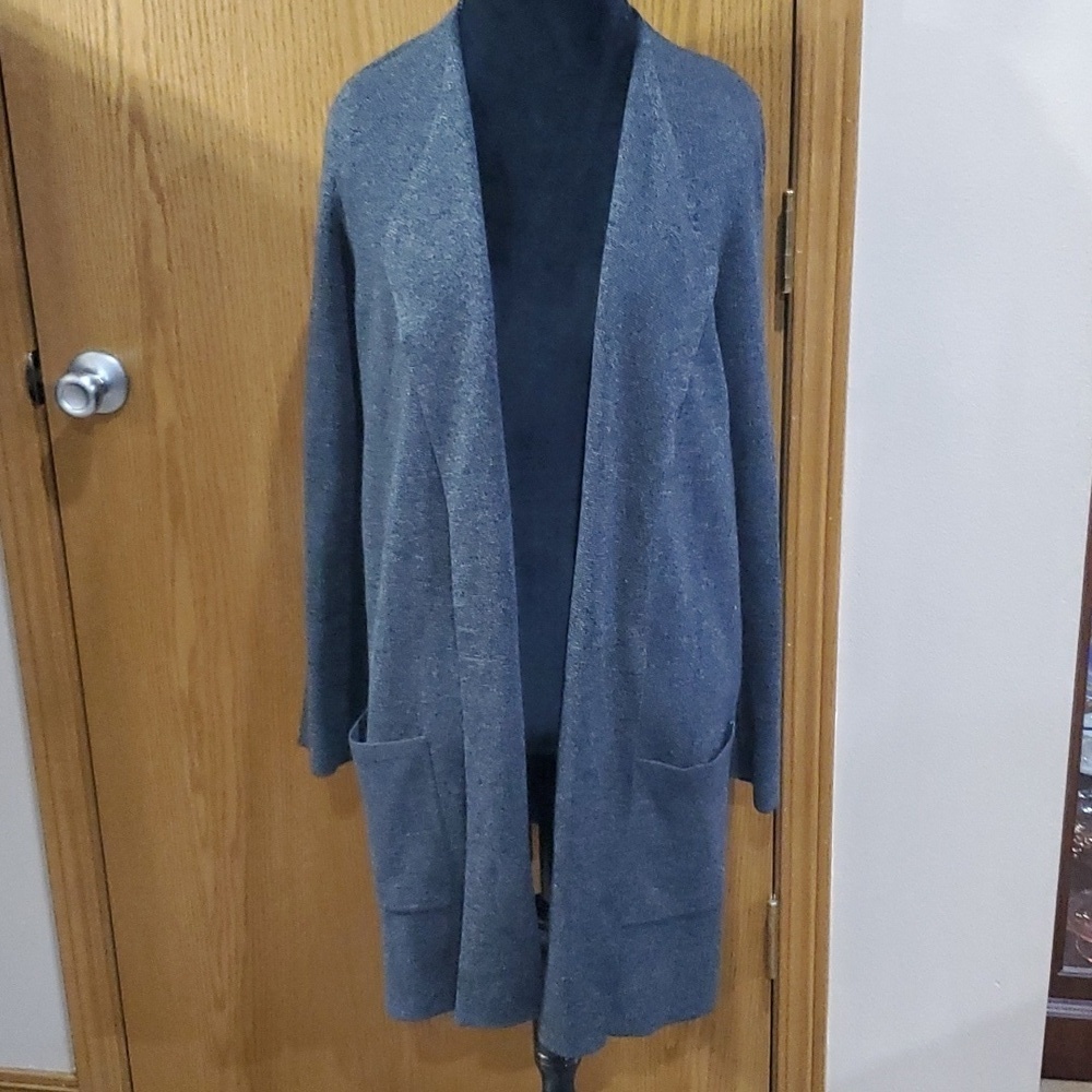 Eileen fisher merino wool blend long line open front draped cardigan charcoal